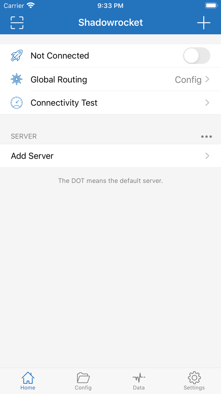 Shadowrocket’s Home screen, showing Not Connected and the connection switch at the top, with Global Routing, Connectivity Test, SERVER, and Add Server below