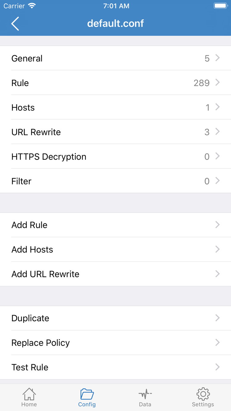 Shadowrocket’s Config editor, showing the General, Rule, Hosts, URL Rewrite, and HTTPS Decryption sections, along with Add Rule