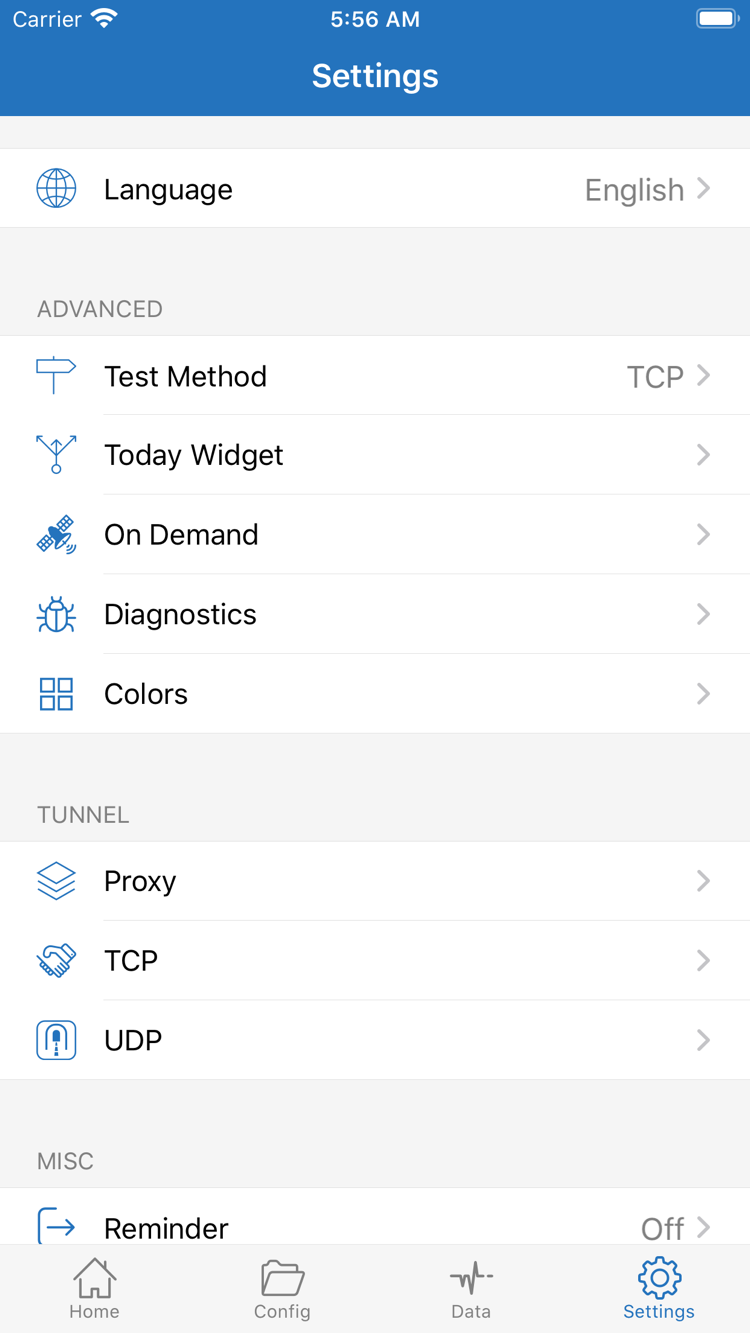 Shadowrocket’s Settings screen, showing Language, Test Method, Today Widget, On Demand, Diagnostics, and Proxy, TCP, and UDP options