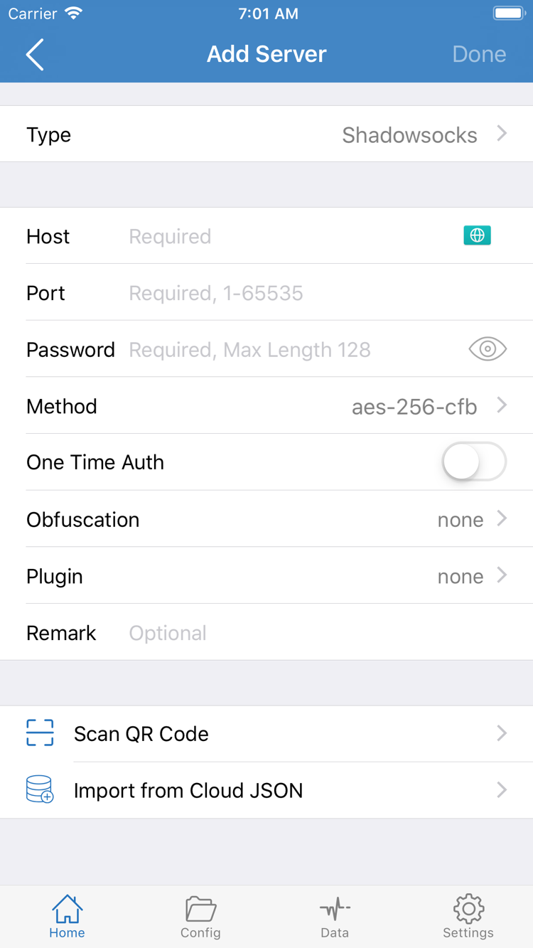 Shadowrocket’s Add Server screen, showing Type, Host, Port, Password, Method, and options such as Scan QR Code
